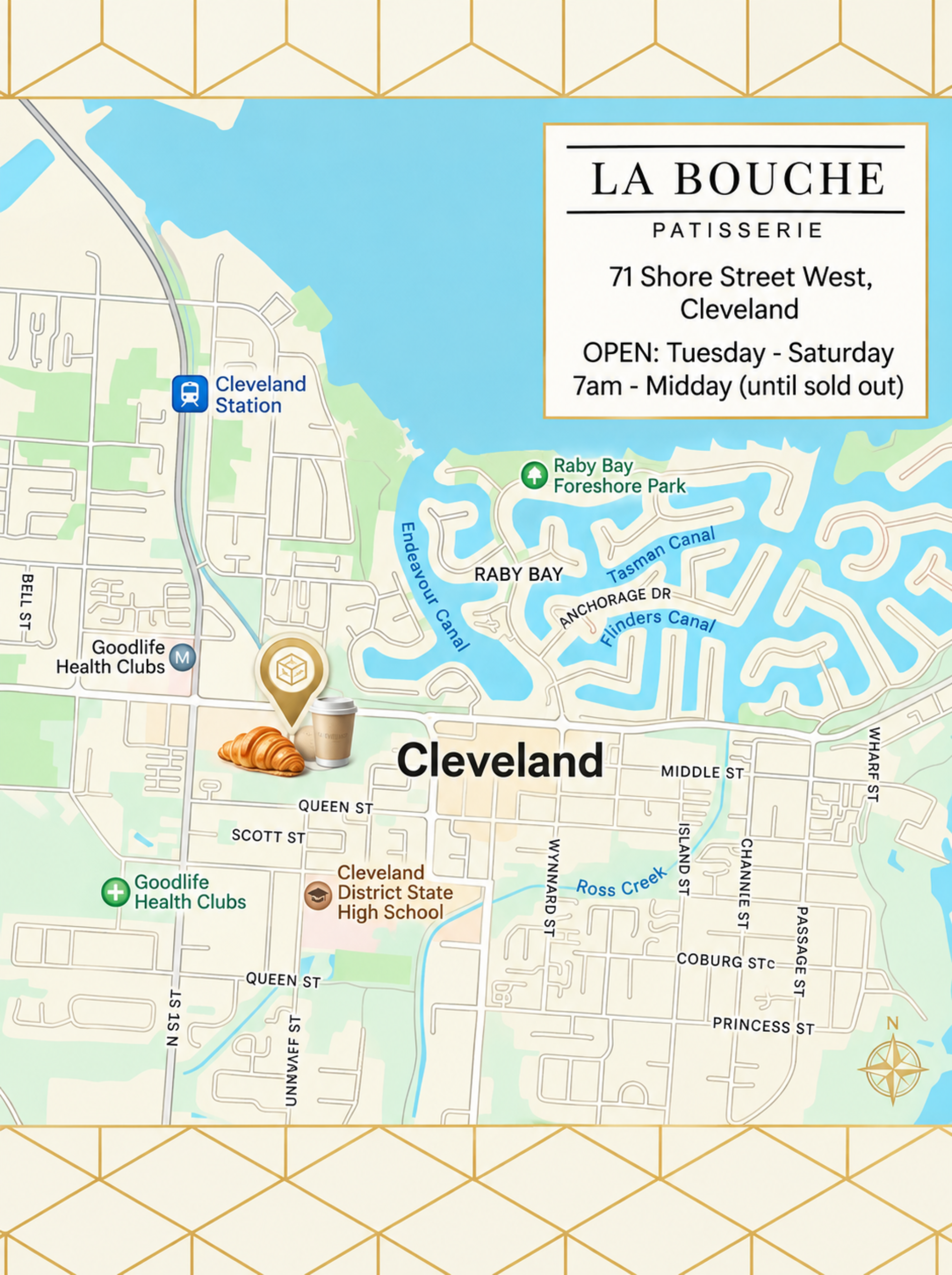 A stylized map of Cleveland showing the location of La Bouche Patisserie at 71 Shore Street West. The map includes labeled landmarks such as Cleveland Station, Goodlife Health Clubs, and Cleveland District State High School, along with street names and waterways.